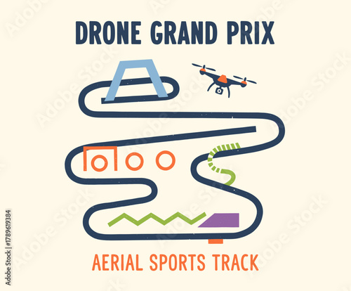 Drone Racing Track Map Illustration.Aerial Sports Grand Prix Layout.Retro FPV Drone Race Circuit.Vintage Quadcopter Course Design.Minimalist Race Even