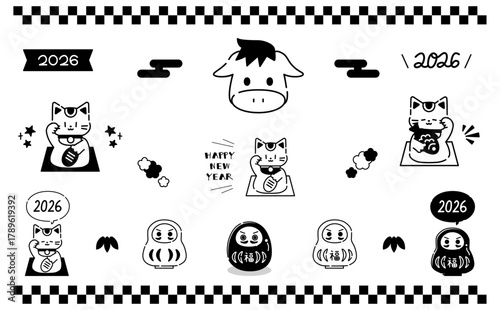 モノクロの年賀状のイラスト素材セット Japanese New Year 2026