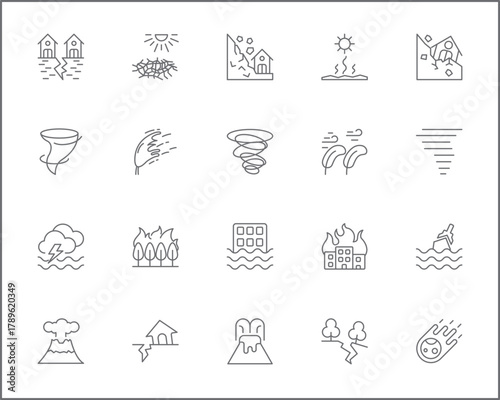 Set of disaster and storm Icons outline style. Contains such Icons as fire, landslide, flood, drought, Natural Disaster, tornado, lighting, fog, forest fire, tsunami, hurricane And Other Elements.