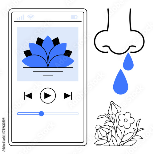 Smartphone playing soothing music with lotus design, nose sensing floral aroma, and flowers. Ideal for relaxation, wellness, mindfulness, self-care, aromatherapy, mood enhancement simple flat
