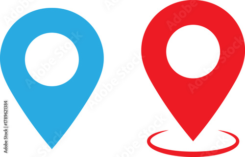 Two location pin icons one blue one red with a circle outline