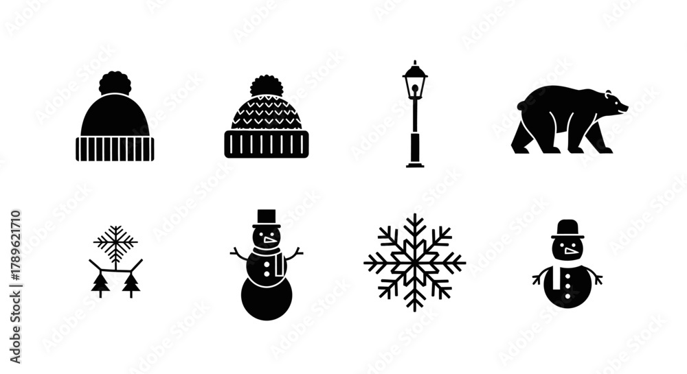 Fototapeta premium Winter Holiday Icons Knitted Hat, Snowman, Lamppost, Bear, Skates, Snowflake, and Festive Elements