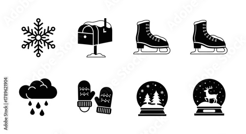 Winter themed icons with snowflake, mailbox, ice skates, rain, mittens, and snow globes