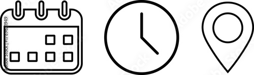 Calendar clock and location pin icons in a simple line art style