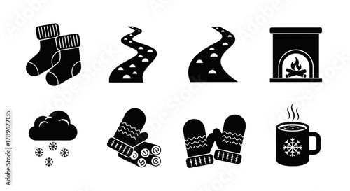Cozy Winter Icons Socks, Snowy Path, Fireplace, Snow, Mittens, Wood, and Hot Drink