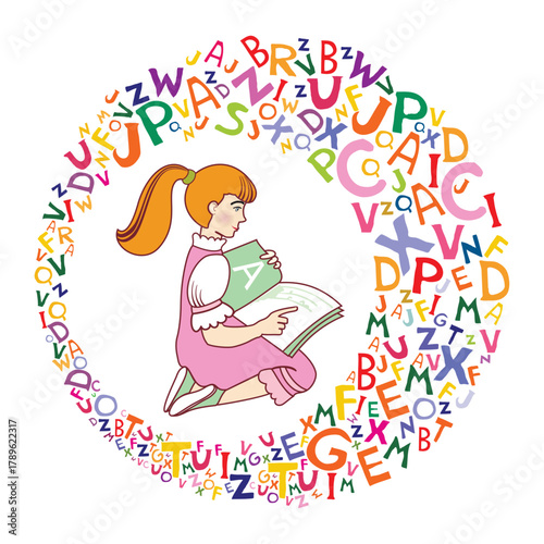 Girl reading book isolated on white background. Vector Illustration 