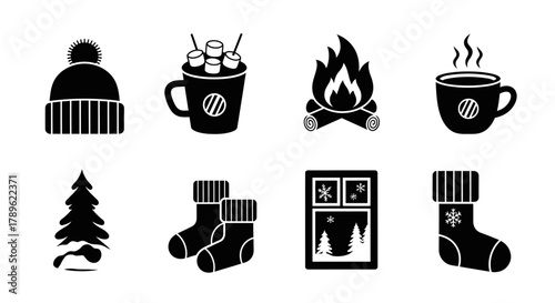 Cozy Winter Icons Hat, Hot Chocolate, Fireplace, Socks & More
