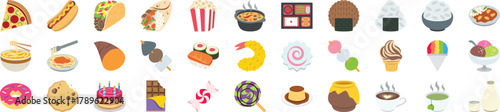 Collection of food and dessert icons including pizza, taco, popcorn, sushi, noodles, ice cream, cake,  and candy for restaurant, menu, and culinary design illustration.