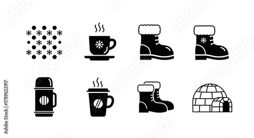 Winter Icons Snowflakes, Hot Drinks, Boots, and Igloo Vector Set