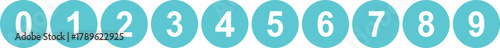Collection of turquoise number icons from zero to nine inside circular backgrounds for counting, calculation, data, education,  and digital design illustration.