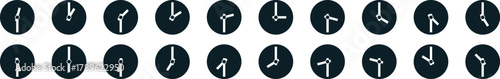 Collection of black clock icons showing different times on round faces for time management, schedule, office, business, and punctuality concept illustration design.