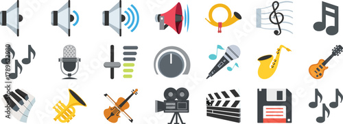 Collection of   music and sound icons including speakers, microphones, instruments, notes, and recording symbols for audio, entertainment, and multimedia design illustration.