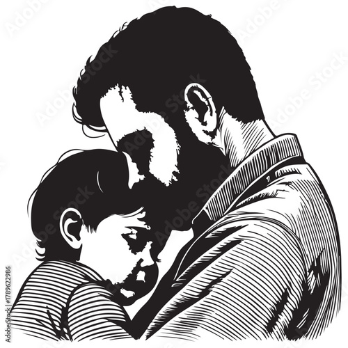Touching illustration of a father embracing his child, conveying love, care, and family bond in monochrome