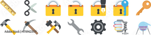 Collection of   tool and lock icons showing hammers, keys, gears, and wrenches. Bright digital illustration for security, maintenance, and engineering design concepts. Perfect for web, app, or 