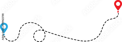 Dashed line route connecting two map location pins