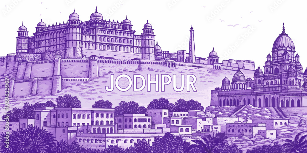 Fototapeta premium Jodhpur Skyline Line Art Featuring Mehrangarh Fort, Jaswant Thada, Umaid Bhawan Palace | Rajasthan Travel Artwork for Posters, Gifts and Tourism Promotion