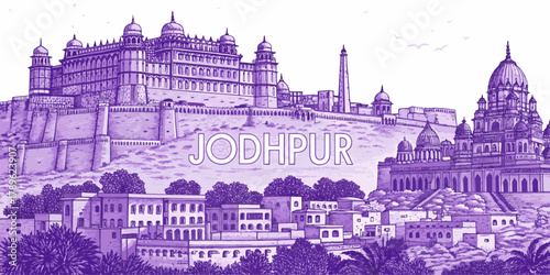 Jodhpur Skyline Line Art Featuring Mehrangarh Fort, Jaswant Thada, Umaid Bhawan Palace | Rajasthan Travel Artwork for Posters, Gifts and Tourism Promotion