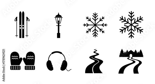 Winter Activities and Elements Icon Set Skiing, Lighting, and Nature Designs