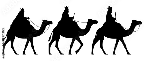 Minimalist black silhouette illustration of the Three Wise Men (Magi) riding camels in single file, symbolizing the Biblical journey to Bethlehem.
