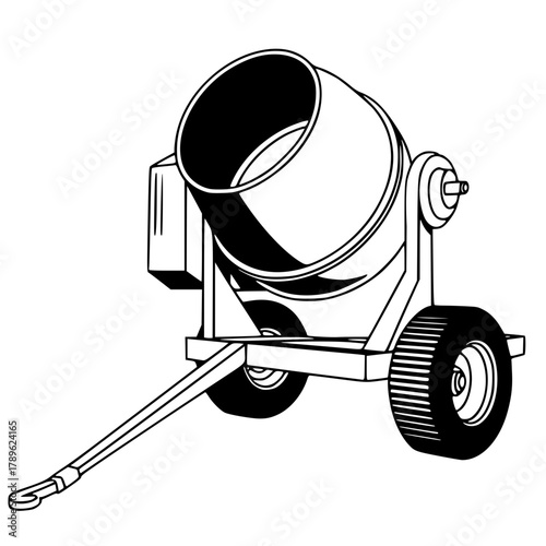 Black line art illustration of a portable cement mixer on wheels, featuring the rotating drum and tow bar, used for construction.