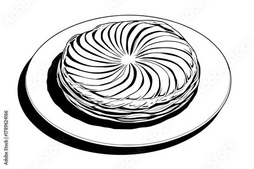 Black line art of a festive Galette des Rois (King Cake) with a decorative concentric swirl pattern on top, served on a round plate.