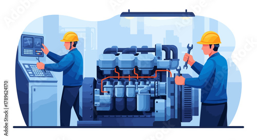 Two industrial engineers performing maintenance and diagnostics on a large generator engine in a modern factory environment