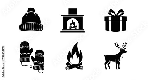 Cozy Winter Icons Hat, Fireplace, Gift, Mittens, Campfire, Reindeer