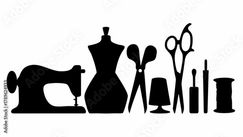 Crafting dreams start here Sewing machine, mannequin, scissors, thimble, needles, and thread inspire creativity and design for fashion and style projects