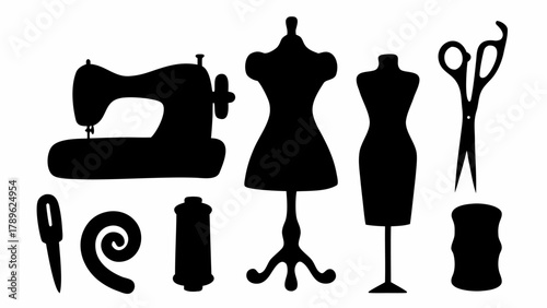 Creative sewing tools and dress forms for tailor shop or fashion design studio, ideal for textile and dressmaking projects, originally a scalable vector graphic