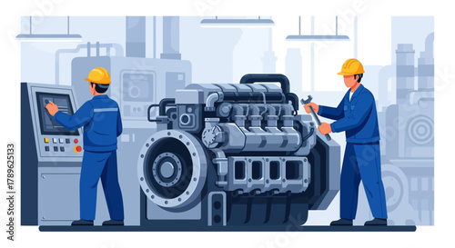 Skilled engineers meticulously maintaining a powerful industrial engine, ensuring optimal performance and operational efficiency in a modern factory setting