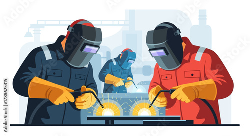 Skilled industrial workers in protective safety gear using welding torches to fabricate a metal structure in a workshop