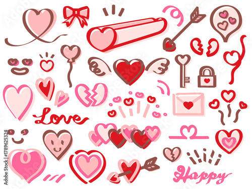 手描きのハートのアイコンセットのカラーイラスト