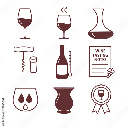 Wine Tasting Tools Icons, Glassware Decanter Corkscrew Notes