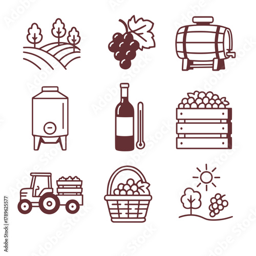 Vineyard Production Line Icons, Monochrome Vector Pack