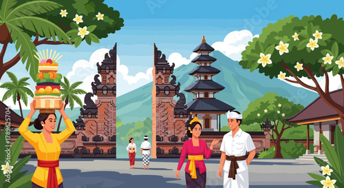 A vibrant vector illustration of a traditional Balinese cultural scene with a Hindu temple gate and offerings