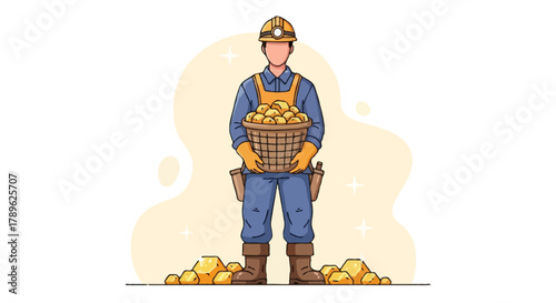 Flat vector full body faceless miner carrying a basket filled with shiny gold nuggets, wearing full PPE gear and boots