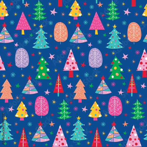 Seamless Christmas Fun Tree Pattern  With Snowflakes And Stars On Blue Background