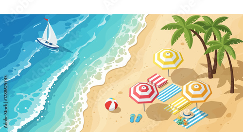 Aerial view of a tropical beach paradise with palm trees, colorful umbrellas, and a sailboat on the ocean illustration