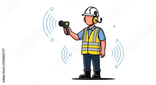 Flat vector full body faceless HSE officer measuring noise with sound level meter, earmuffs hanging on helmet