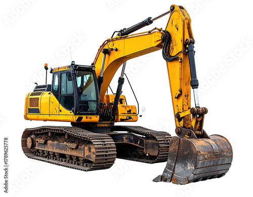 Yellow excavator, angled view; isolated machinery