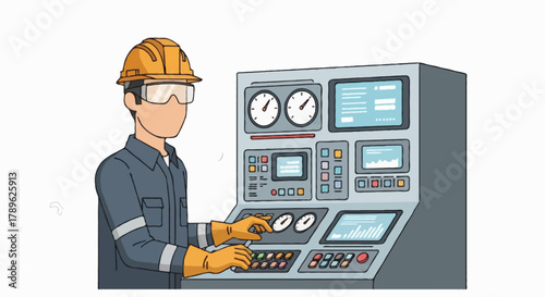 Flat vector full body faceless oil and gas engineer operating a digital control panel with gauges and screens