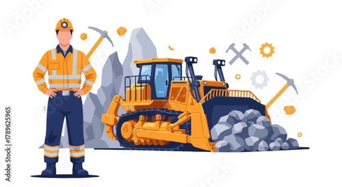 Flat vector full body faceless miner standing confidently beside a mining bulldozer pushing rocks
