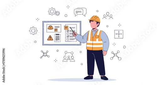 Flat vector full body faceless HSE officer conducting a toolbox meeting