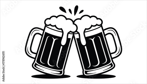 Two frothy beer mugs clinking together in a toast with splashes of foam celebration