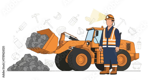 Flat vector full body faceless miner wearing full PPE gear (helmet lamp, boots, reflective suit) standing near a heavy wheel loader lifting stones