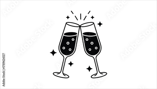 Two black champagne flutes clinking with bubbles and sparkling stars on white background toasting celebration