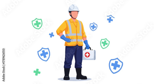 Flat vector full body faceless HSE emergency response worker holding first aid kit
