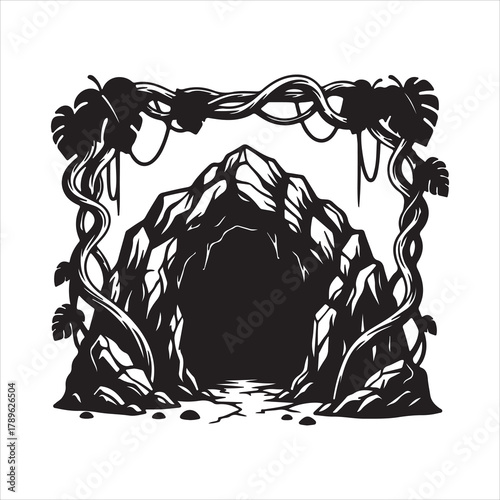 Entrance to a Mysterious Cave Surrounded by Jungle Vines and Rocky Outcrops Illustration