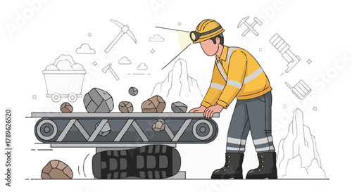 Flat vector full body faceless mining worker inspecting a conveyor belt carrying rocks