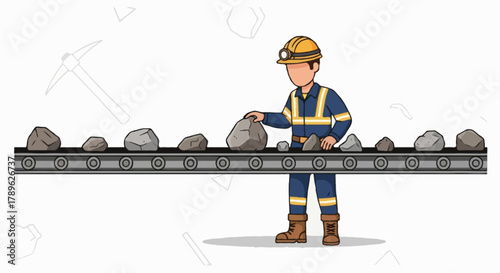Flat vector full body faceless mining worker inspecting a conveyor belt carrying rocks